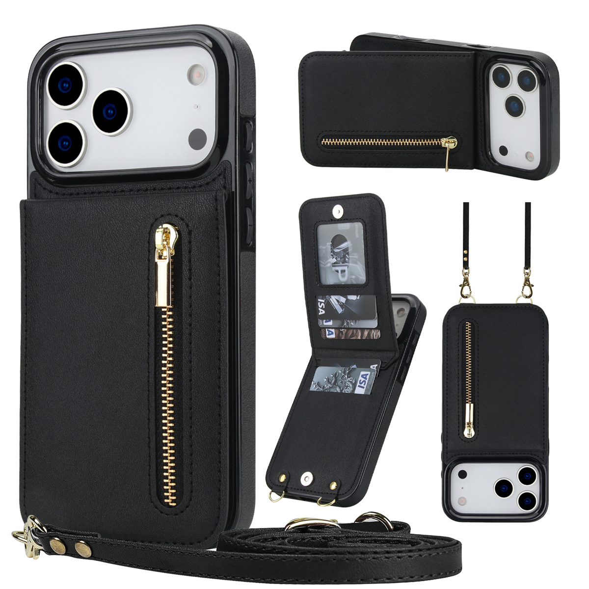 Leather Wallet Card Holder Phone Cover - Crossbody portemonnee met rits, kaarthouder, leren